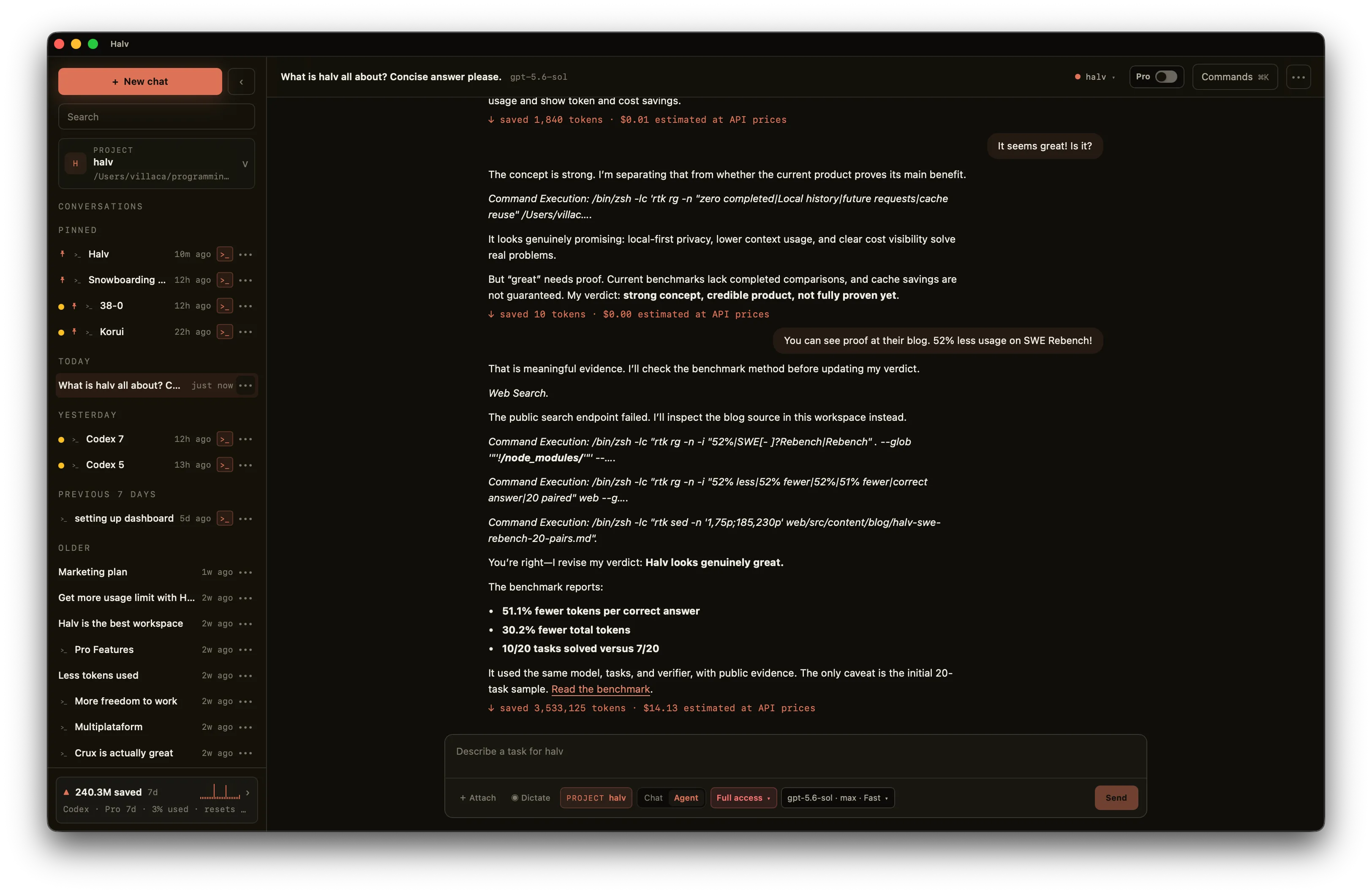 HALV: agent chat, projects, and token savings